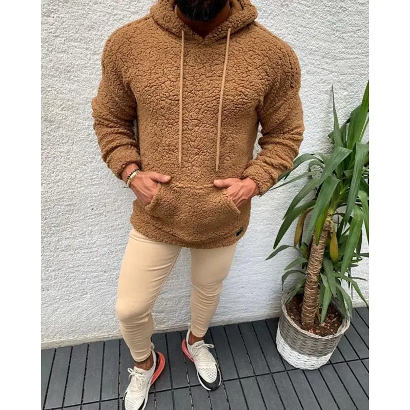 

Winter Hooded Sherpa Sweater Big Pocket Teddy Fleece Fluffy Pullovers Men's Plus Size Warm Fleece Tops Streetwear