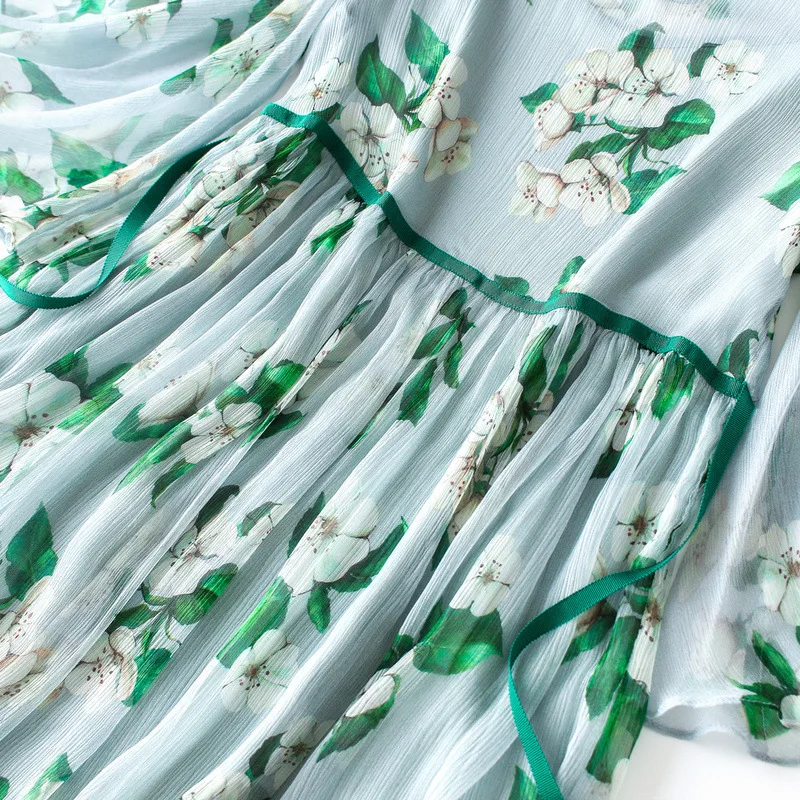 Only the 】 silk dress in summer of 2020 with A word falbala printed 81015 | Женская одежда