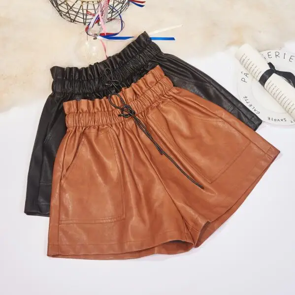 Женские шорты из искусственной кожи эластичные с высокой талией и широкими