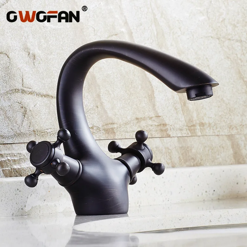 

Black Antique Brass Bathroom Basin Faucet Dual Cross Handle Kitchen Cold and Hot Mixer Taps Single Hole Deck Mounted Sink Tap
