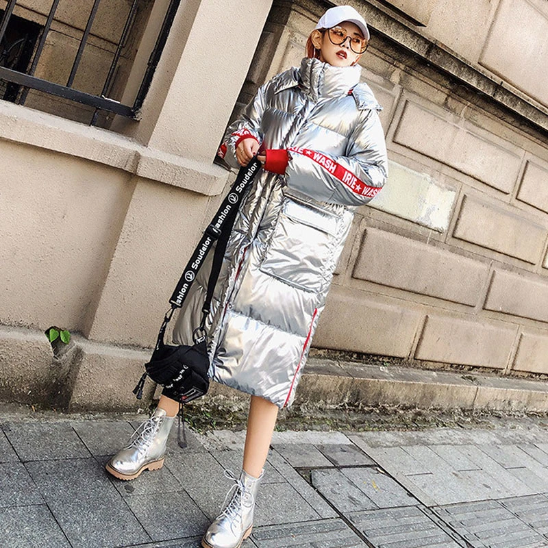 2020 зимняя блестящая хлопковая длинная парка Женская водонепроницаемая куртка с