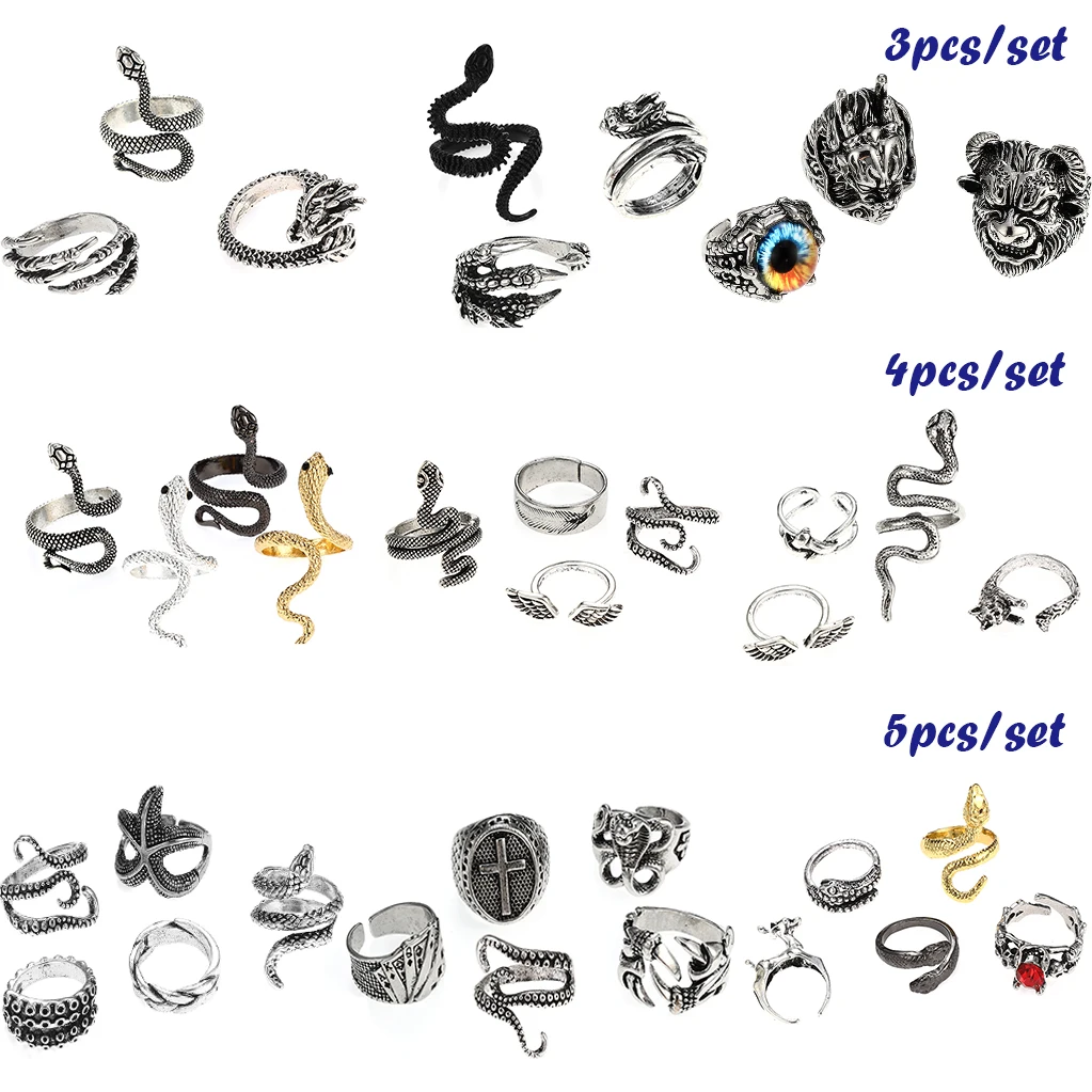 

3/4/5Pcs Retro Snake Rings Set for Men Hip Hop Open Adjustable Punk Finger Cross Evil Eye Ring Male Jewelry Gothic Gift