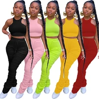 female ladies tracksuit joggers sleeveless 2 piece stacked legging set with crop top for women