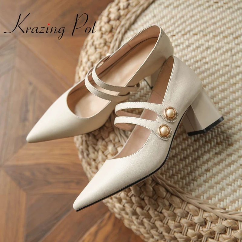 

Krazing pot full grain leather pointed toe high heels pearl decoration elegant lady dating Korean street modern women pumps L35
