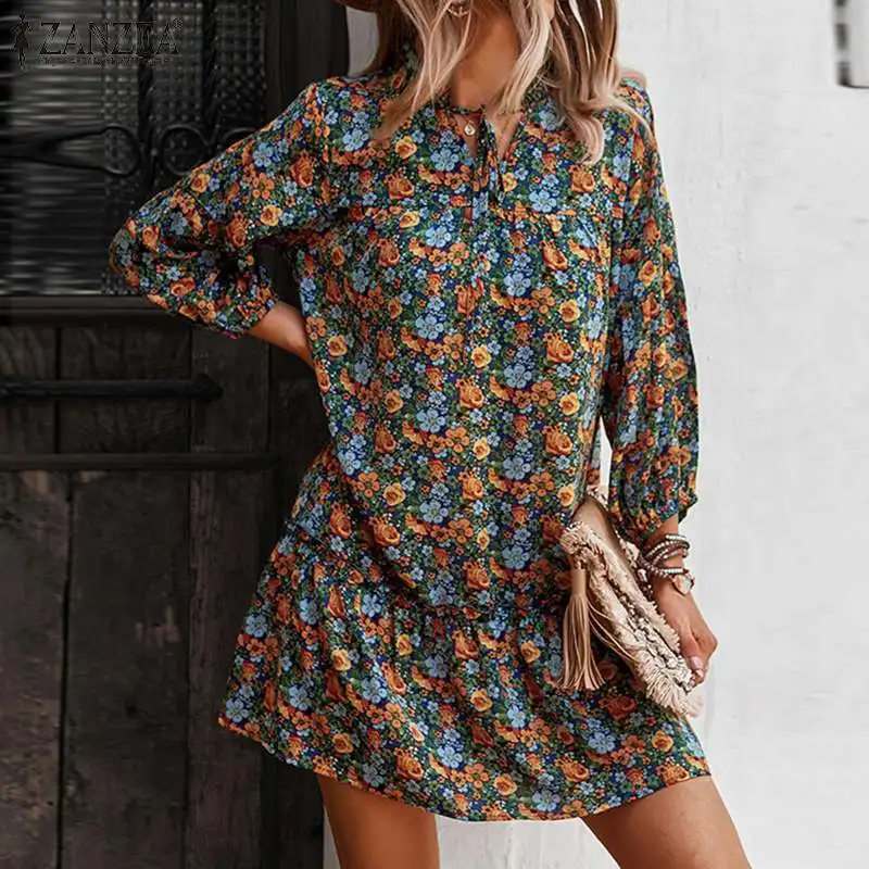 

Сарафан с богемным принтом Женский Повседневный с длинным рукавом-фонариком кафтан ZANZEA элегантное Цветочное платье на шнуровке женское ст...