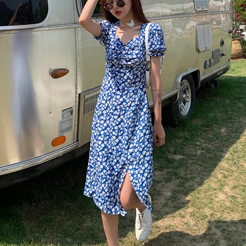 

2021Floral PrintV-neck Puff Short Sleeve Women Dress High Split Party Long Dresses Elegant Lace Up Sweet Summer Club Sexy Dress