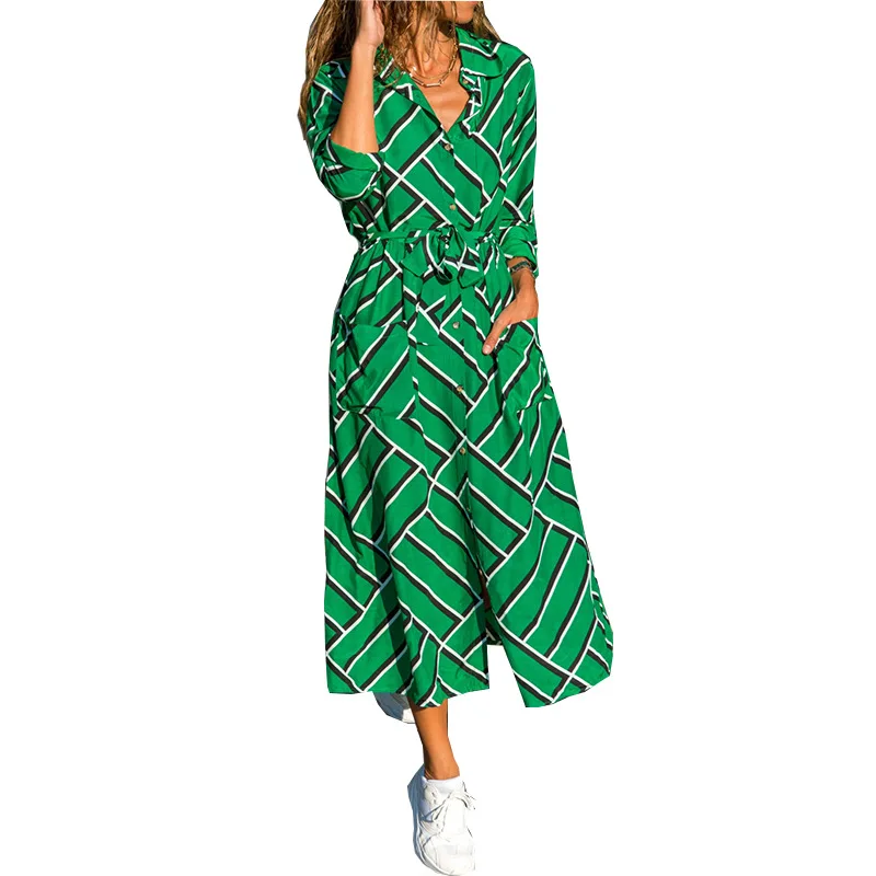 Женское шифоновое платье с длинными рукавами и поясом модное повседневное