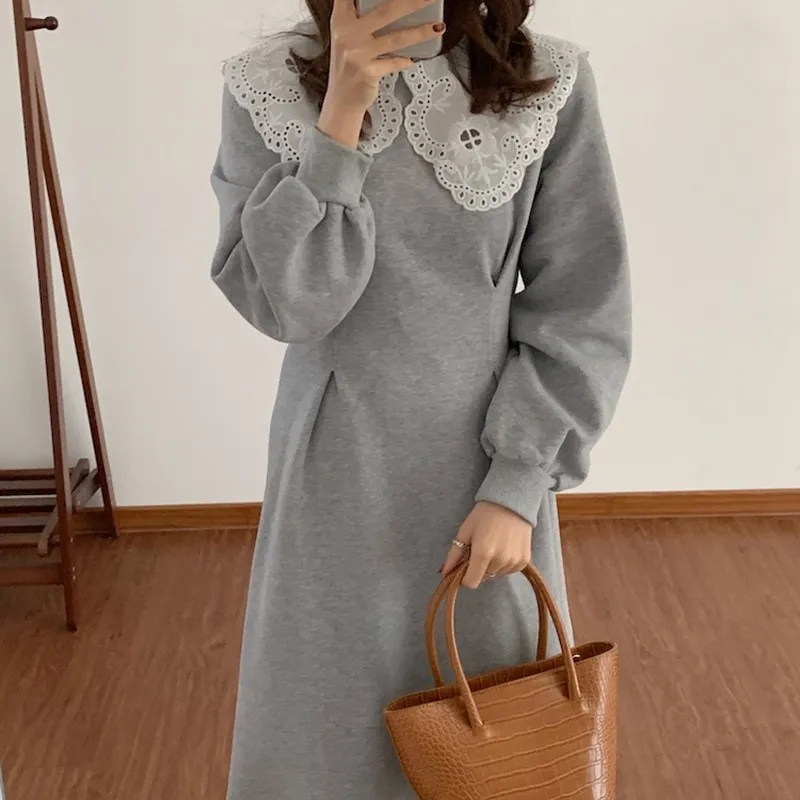 

Korea Chic Autumn Cute Lace Doll Collar Plus Velvet Thick Mid-length Waist Slimming Long-sleeved Dress Women Clothes 2021 Fall
