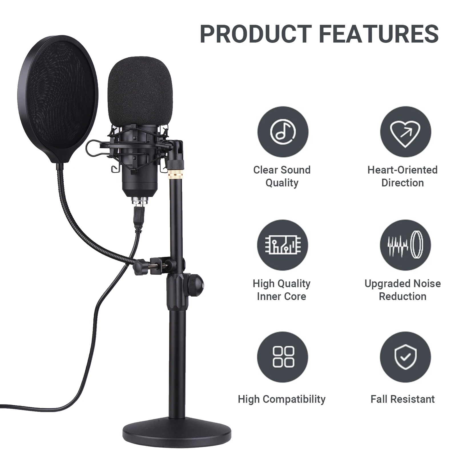 

Professional Desktop USB Condenser Microphone with Round Head High Sampling Rate Monitoring Function Plug-And-Play Capacitor Mic