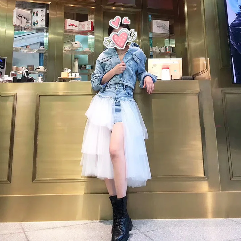 

[DEAT] New Mesh Patchwork Skirt Light Blue Highwaist Denim A-line Knee Length Mini Dress Women 2021 Spring And Summer GX1193