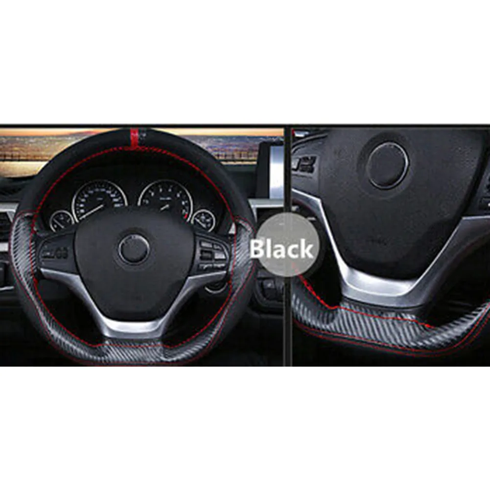 

W/ Needle Thread Steering Wheel Cover Accessories Auto Black Carbon Car