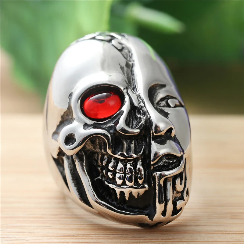 

Trendy personality Vintage double-faced skull locomotive fashionable punk Hip hop Rock men's rings jewelry accessories wholesale