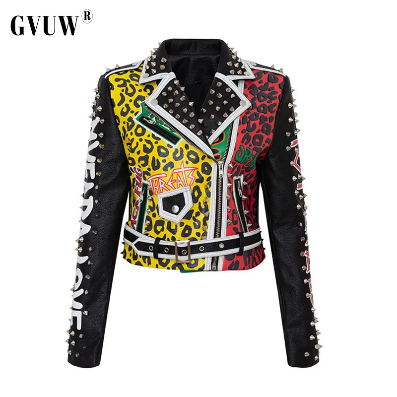 

[GVUW] 2021 Punk Rock Jacket Graffiti Print Slim Leather Rivet Motorcycle Coat Pu Female Zipper New Ariival KB1752