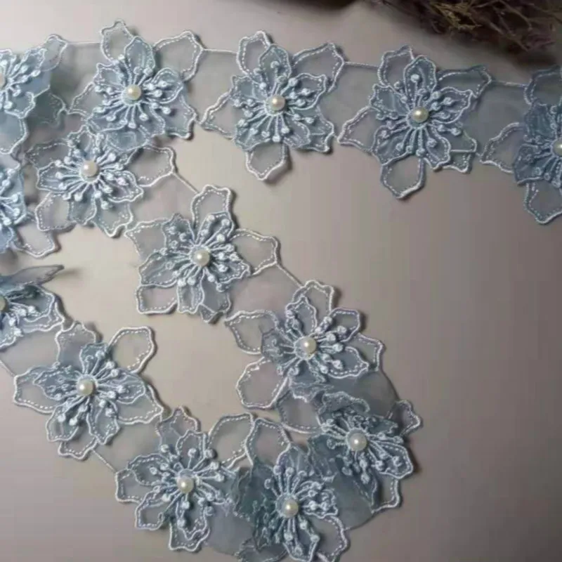 

2 yards Blue Pearl Flower Handmade Beaded Embroidered Net Lace Trim Ribbon Double Layered Applique Dress DIY Sewing Craft