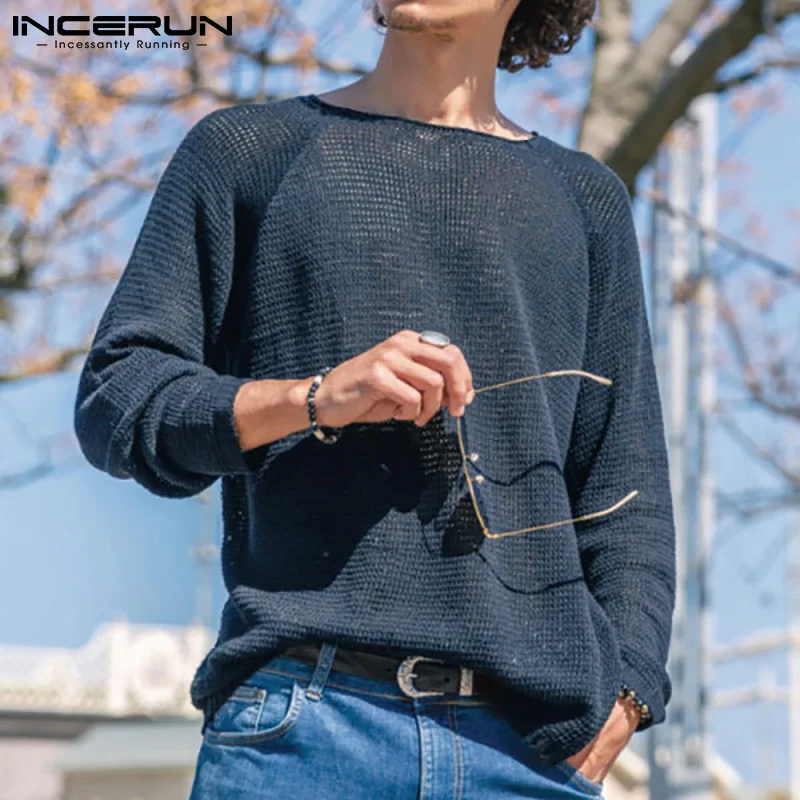 

Men T Shirt Solid Color Round Neck Long Sleeve Knitted Sexy Fashion Men Clothing 2022 Streetwear Casual Camisetas 5XL INCERUN 7