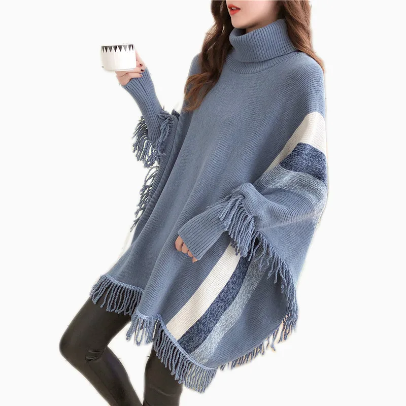 Женские накидки и пончо 2019 осенние женские модные синие пуловеры с бахромой