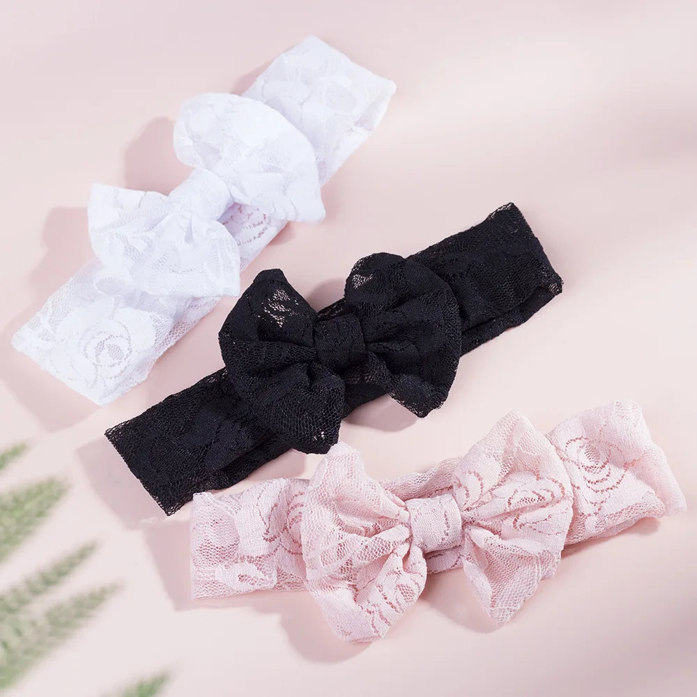 

New Solid Color Holes Lace Baby Headbands Elastic Big Bow Newborn Girls Headdress Toddler Headwraps Soft Turban Baby Accessories