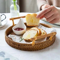 rattan handwoven round serving tray food storage plate with wooden handles wicker basket wooden tray for fruit breadbasket