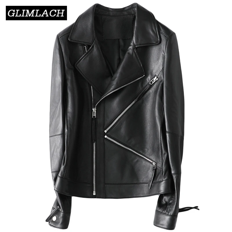 Multi Zippers Genuine Leather Jacket Women Streetwear Motorcycle 100% Lambskin Real Leather Slim Coat High Quality Lady Clothes