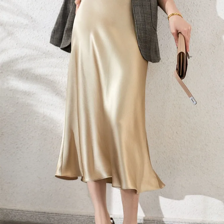 

2021 Spring and Autumn Gentle Temperament High Waist Bag Hip Skirt Satin Skirt Thin French Solid Color Skirt Women