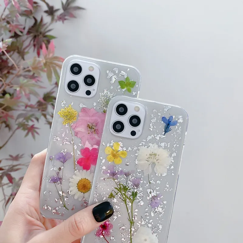 

Luxury high-grade gold foil drop glue dried flower anti-falling shell case For iPhone 12mini 12 11 pro max X XR XS Max 7 8 plus