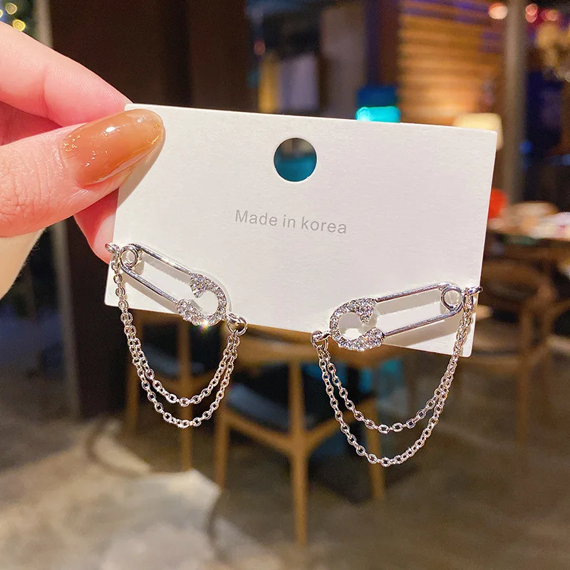 

Women Simple Rhinestone Pin Earrings Female Fashion Chain Tassel Personality Earrings Cool Jewelry Vintage Jewelry