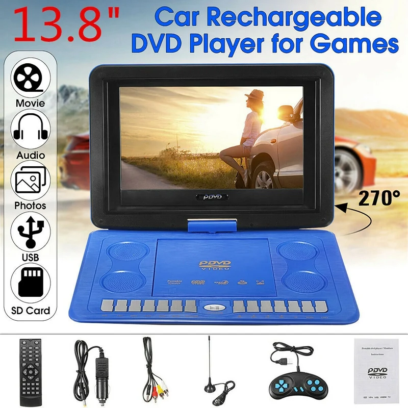 Портативный мини DVD плеер 13 8 дюймов HD TV фильмы LCD мобильный поворотный Usb экран
