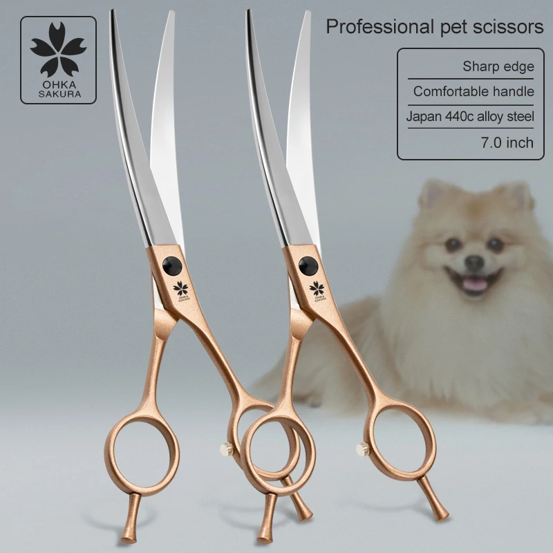 7.0 inch Curved scissors champagne handle hair trimming scissors dog hair bending scissors
