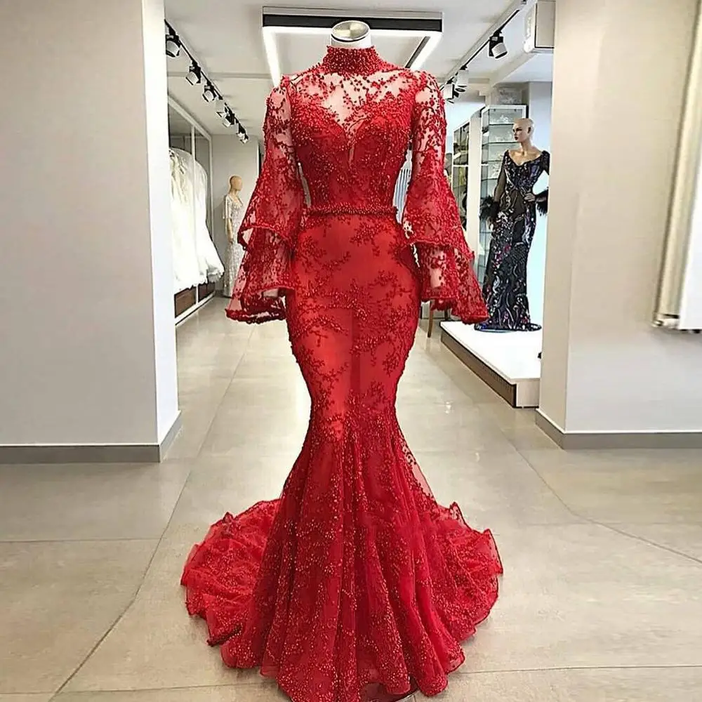 

Eightale Red Evening Dresses 2020 High Neck Beaded with Pearls Mermaid Prom Gown Long Sleeves Custom Made Sexy Party Dress