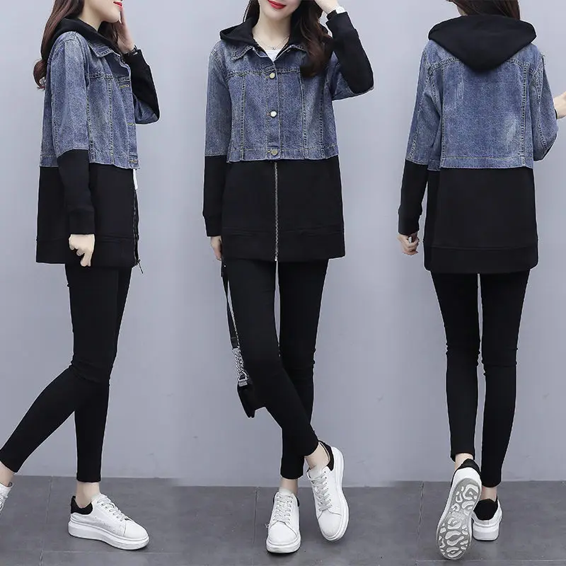 

Autumn Women's Clothing Korean 2021 New Casual Hooded Long Sleeve Stitching Denim Wild Windbreaker Jacket Trend M741