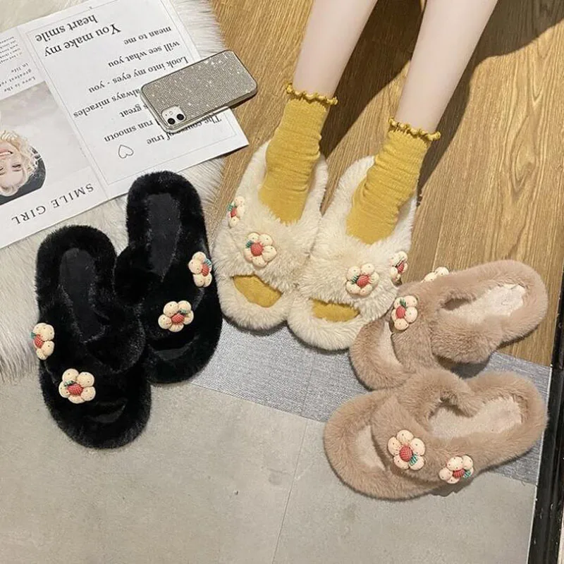 

Faux Suede Home Women Full Fur Slippers Winter Warm Plush Bedroom Non-Slip Couples Shoes Indoor Ladies Furry Slippers