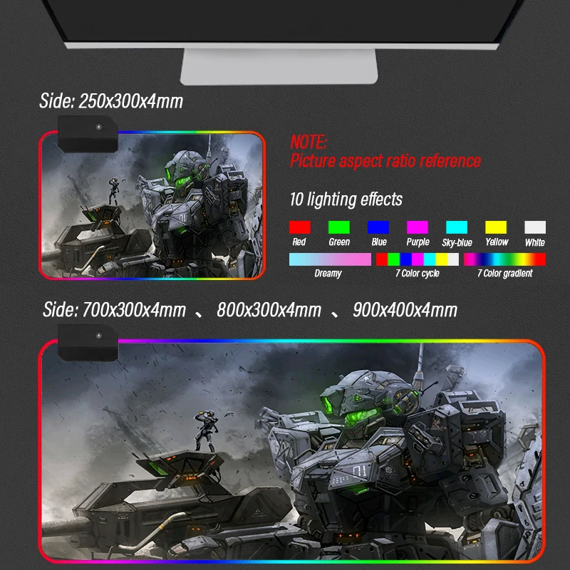 

Anime RGB Gundam Mouse Pad Gamer Robot Desktop Keyboard Player Mousepad LED Gaming Mause Mat for PC Desk Support DIY