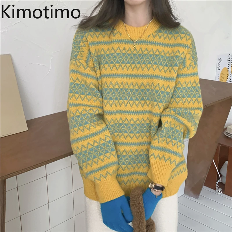 

Kimotimo Vintage Jacquard Sweater Women Autumn Winter Lazy Color Contrast O-neck Pullover Korean Chic Long Sleeve Fashion Tops