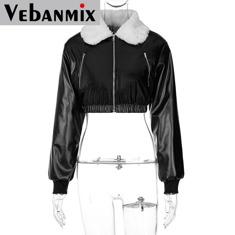 

PU leather black lamb wool jacket zipper thick plush chic ruffled cut short jacket warm lapels woman jacket winter 2021