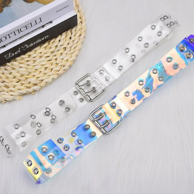 

Womens belt motorcyclist transparent fashion belt jeans laser colorful punk double exhaust eye Pin Buckle belt designer Two Row
