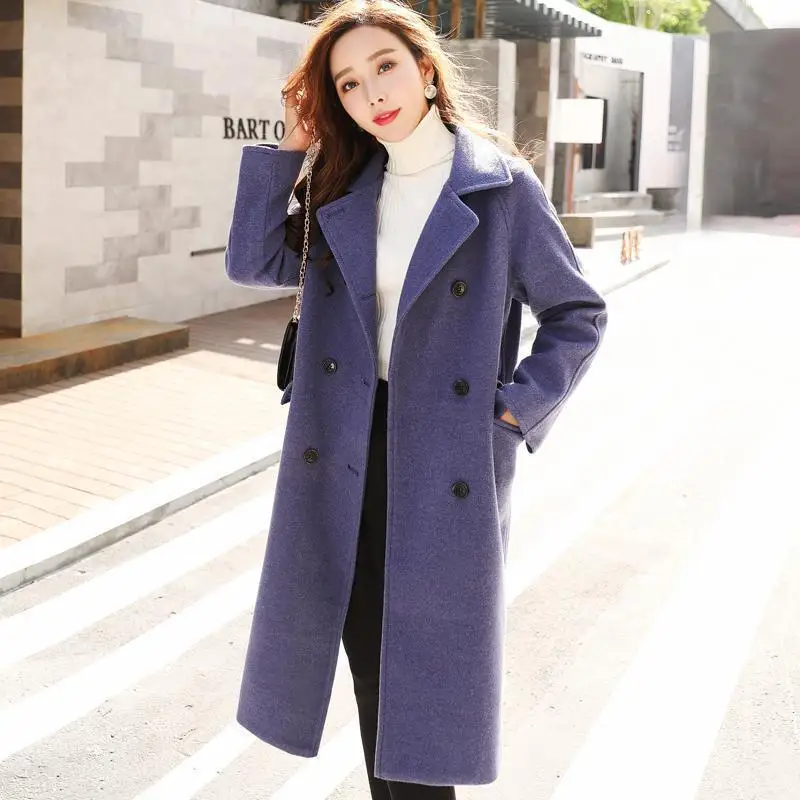 Женское винтажное однобортное пальто синее шерстяное средней длины с отложным
