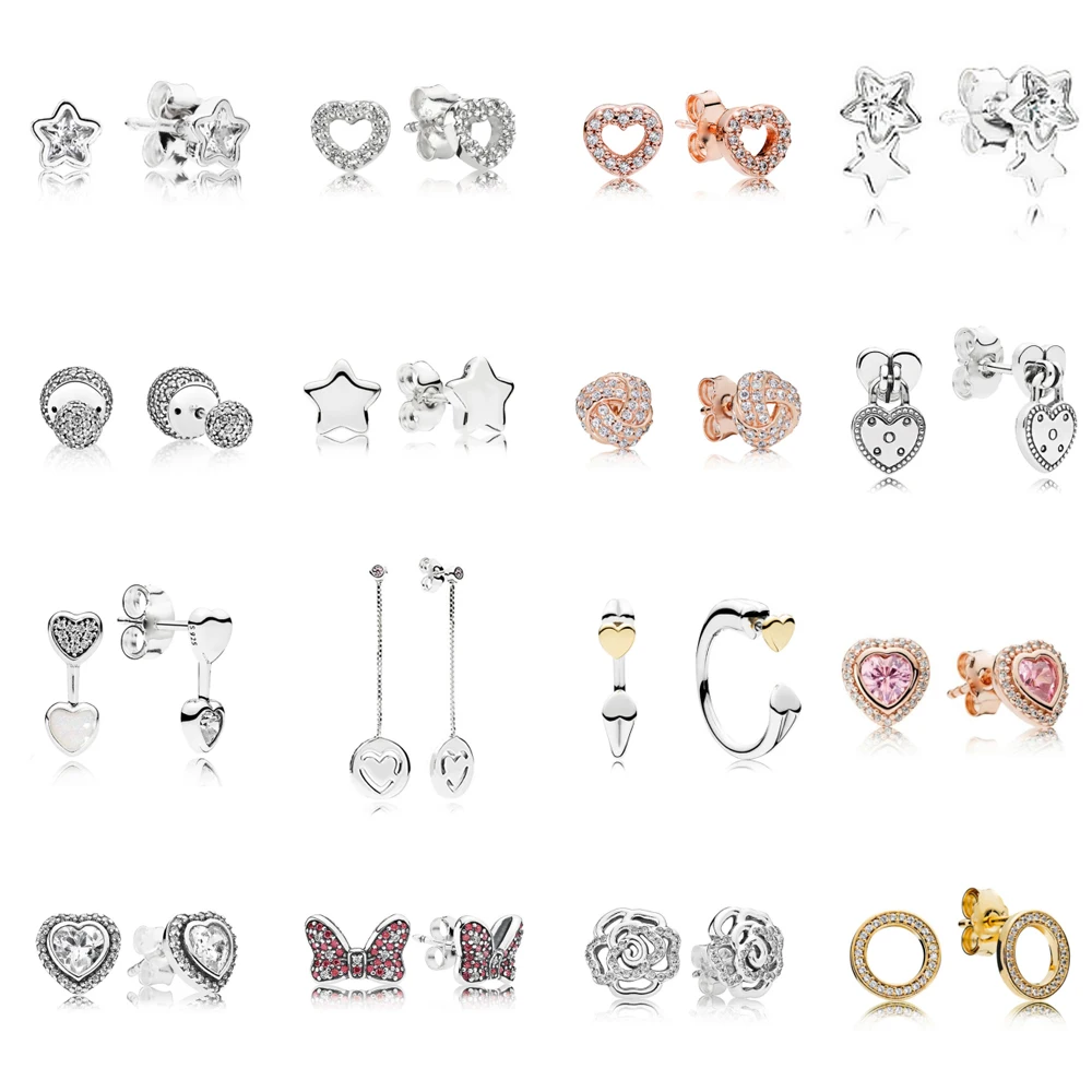 

NEW Genuine 100% 925 Sterling Silver Flower Hollow Heart-shaped Diamond Earrings Star Bow Ear Studs Charm Bead Female Decoration