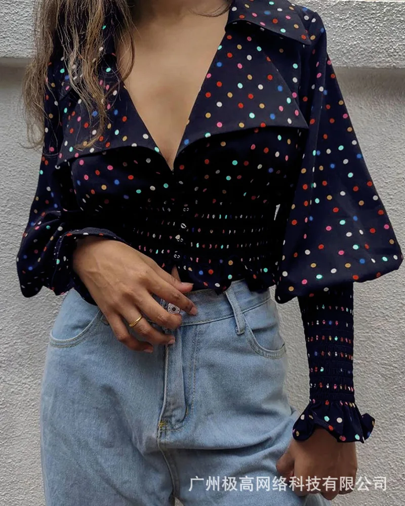 

Женский топ с V-образным вырезом, новый осенне-зимний черный топ с волнистым принтом в горошек, закрывающий талию, 2021