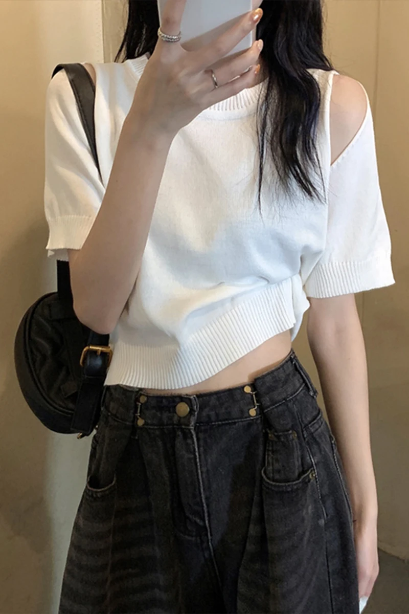 

White Short-Sleeved T-shirt for Women 2021 Spring Summer New Korean Fashion Style Retro Casual Loose Short Off-Shoulder Top Ins