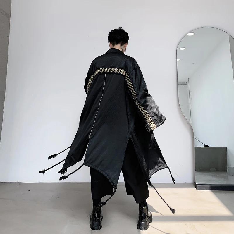 Мужской Свободный Повседневный длинный Тренч с золотыми лентами Мужская Уличная