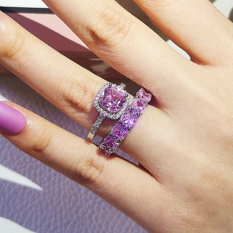 

Cushion Cut CZ 925 Sterling Silver Wedding Ring Set For Women Bride Engagement Fashion Jewelry Bands Eternity Gift R6032