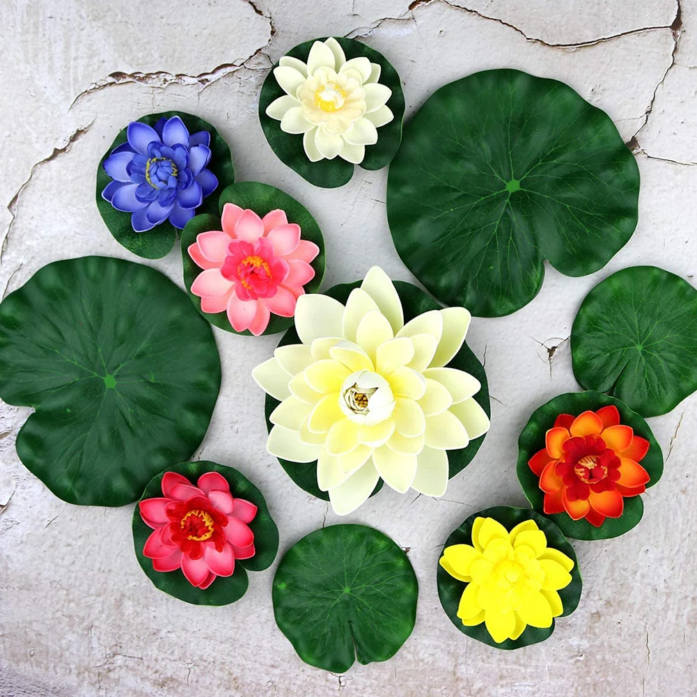 

10PCS Floating Lotus Mixed Color Artificial Flower Lifelike Water Lily Micro Landscape For Wedding Pond Garden Fake Plants Decor