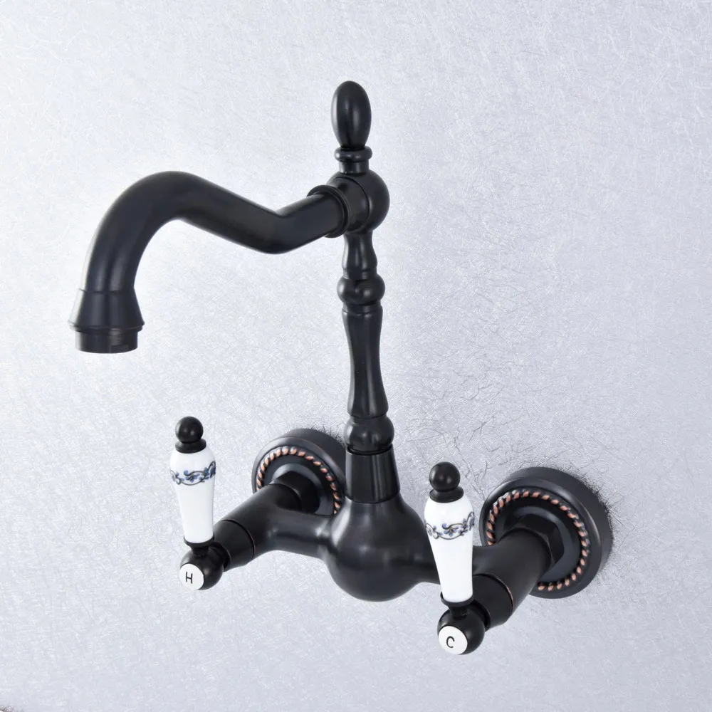 

Black Oil Rubbed Bronze Brass Wall Mounted Dual Ceramic Handles Kitchen Bathroom Vessel Sink Faucet Mixer Taps asf715