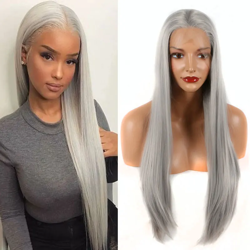Bombshell Silver Grey Synthetic 13*3 Inch Lace Front Wig Heat Resistant Fiber Hair Natural Hairline for Women Girls Party Wigs