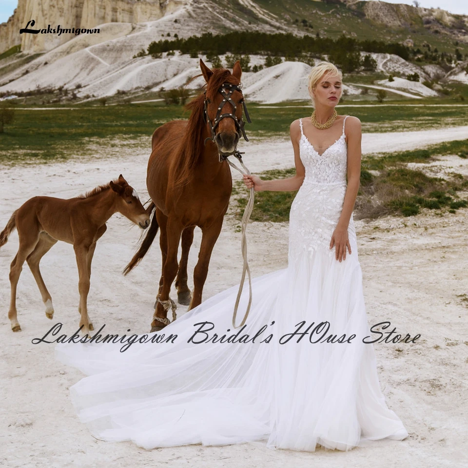 

Lakshmigown Свадебные Платья с цветочным кружевом и юбкой-годе, с V-образным вырезом, 2022 г., женское свадебное платье из белой фатиновой ткани