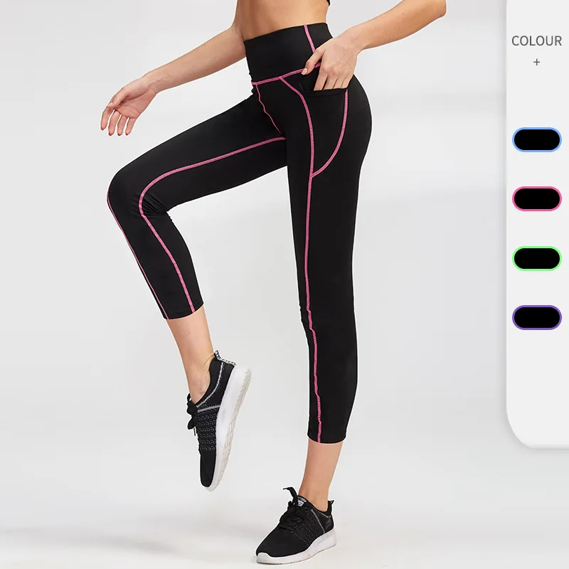 

Women's tight-fitting cropped training pants, high waist pockets, fitness running pants, quick-drying stretch yoga pants 92307