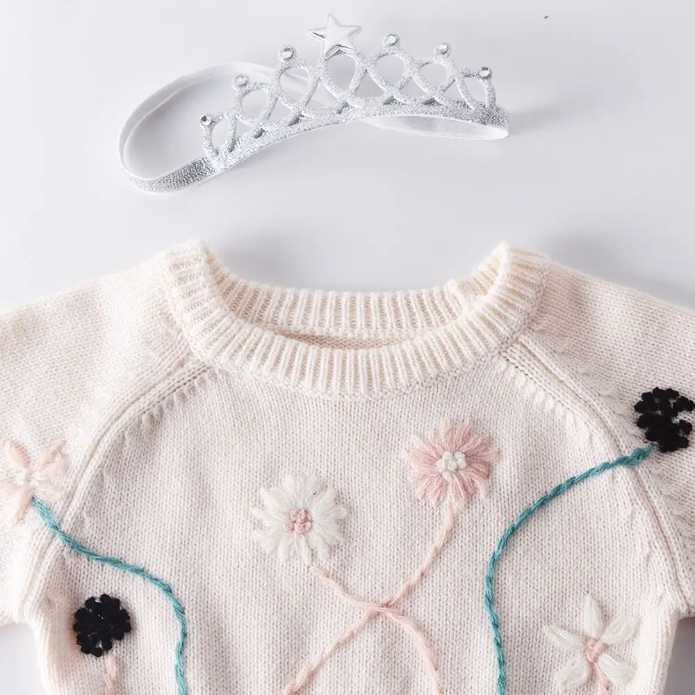 Осенний Вязаный комбинезон с цветочной вышивкой для маленьких девочек от 0 до 2