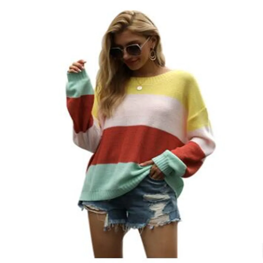 Autumn Fashion 2020 Women O-Neck Sexy Dew Shoulder Stripe Long Sleeve Pullovers Streetwear Casual Loose Lantern Sweater | Женская одежда