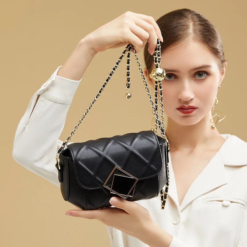 Luxury Soft Cowhide Cow Leather Lattice Chain Flap Bags Women's Shoulder Travel Lock Messenger Crossbody Purses And Handbags