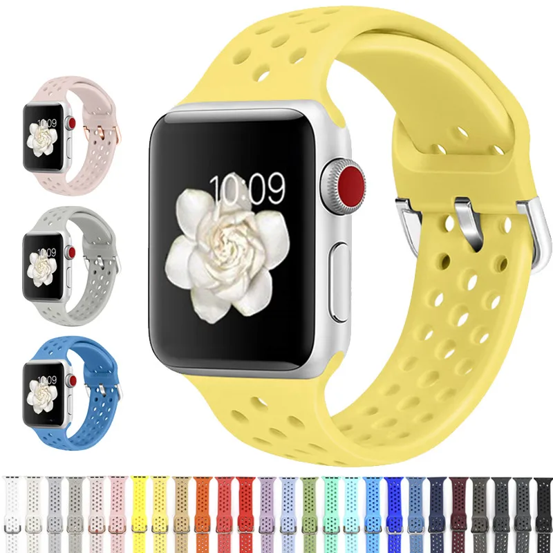 Ремешок резиновый для Apple Watch 4 5 6 3 2 1 SE мягкий воздухопроницаемый силиконовый